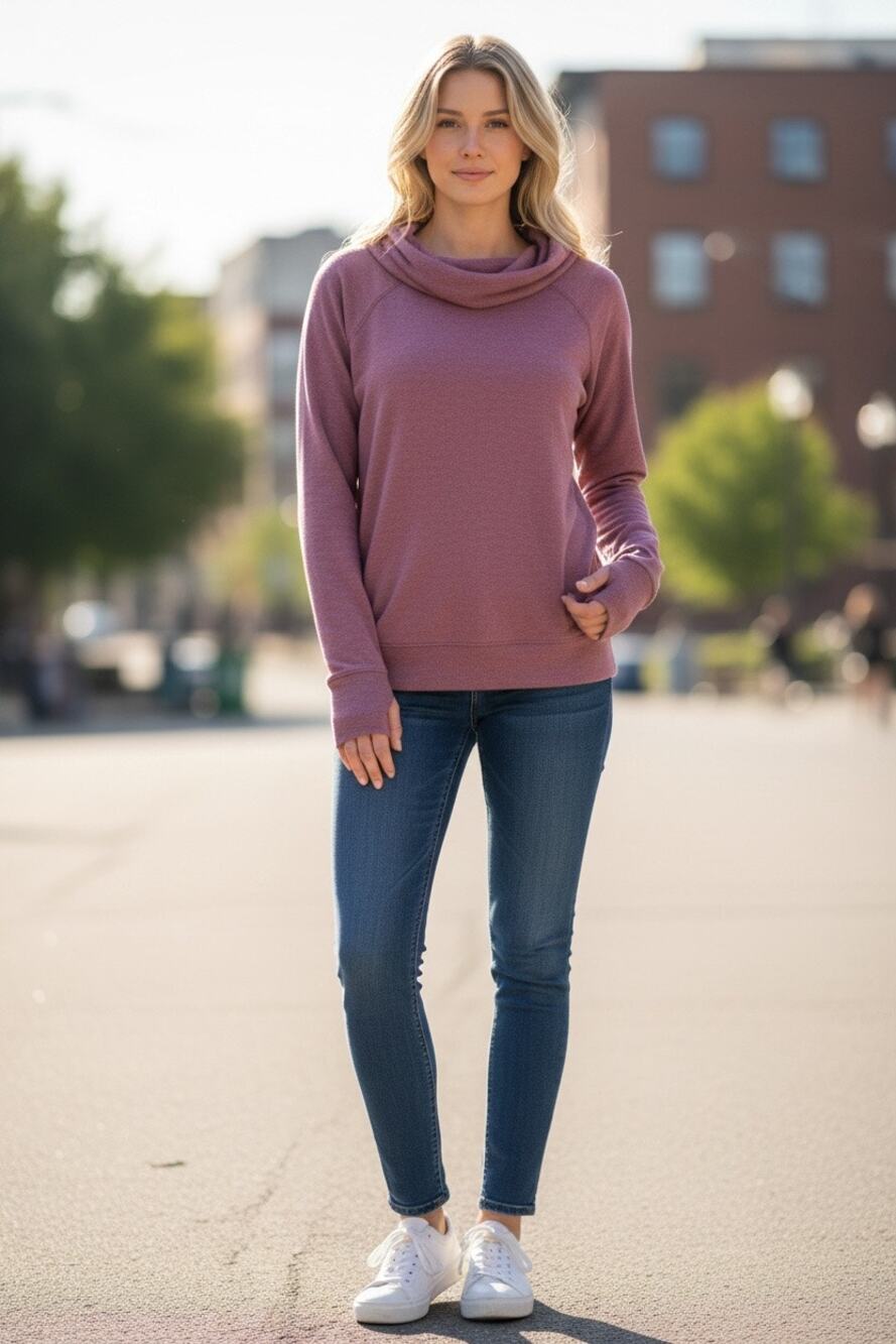 Athleta XL Oversized Cowl Neck Pullover Sweatshirt Mauve Thumbholes